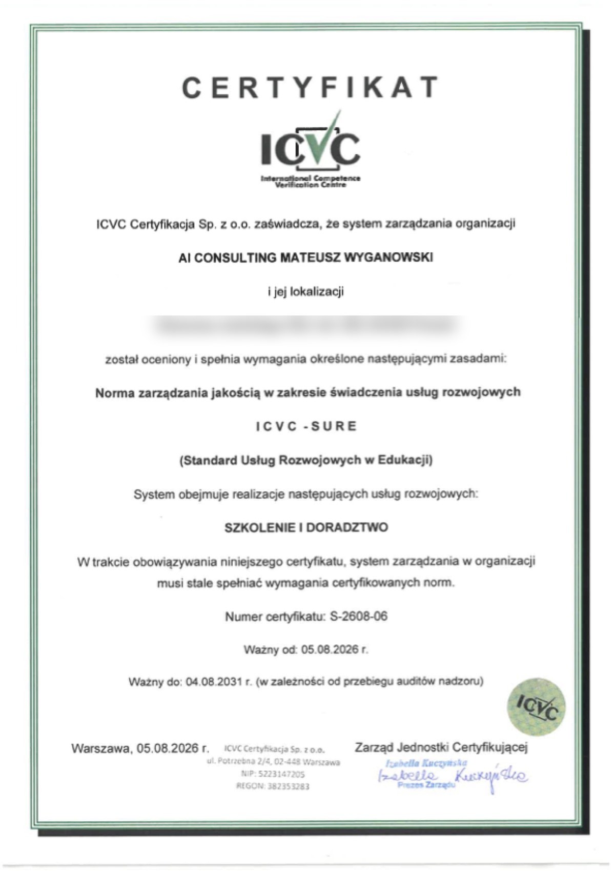 Certyfikat ICVC-SURE: jakość usług szkoleniowych i doradczych