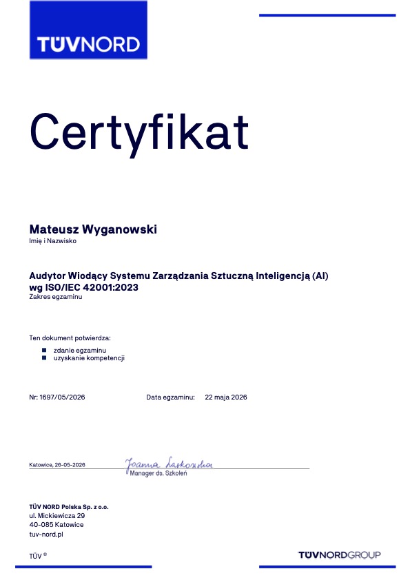 Certyfikat TÜV NORD: Audytor Wiodący ISO 42001